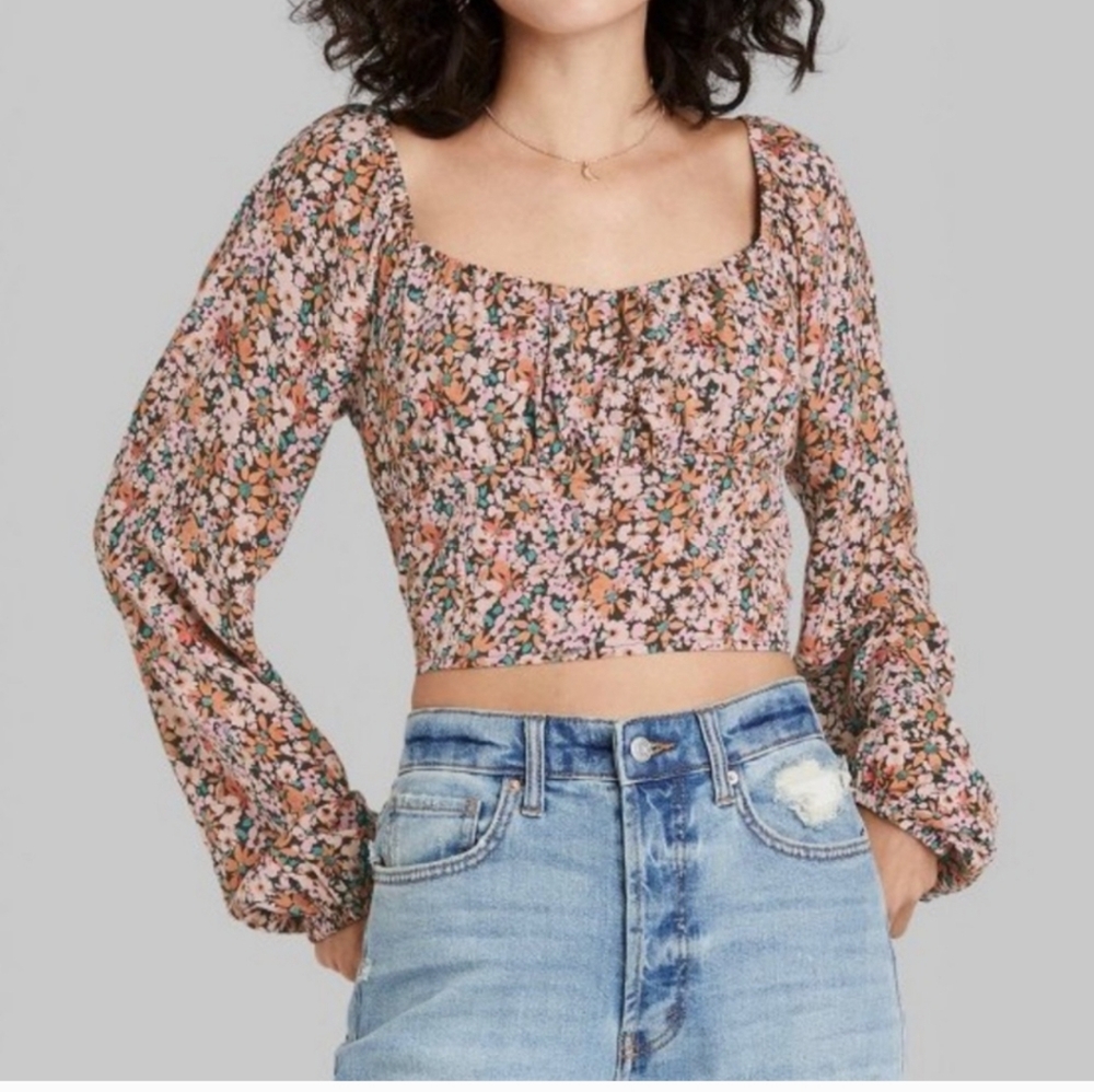Wild fable brown floral print crop blouse top m
